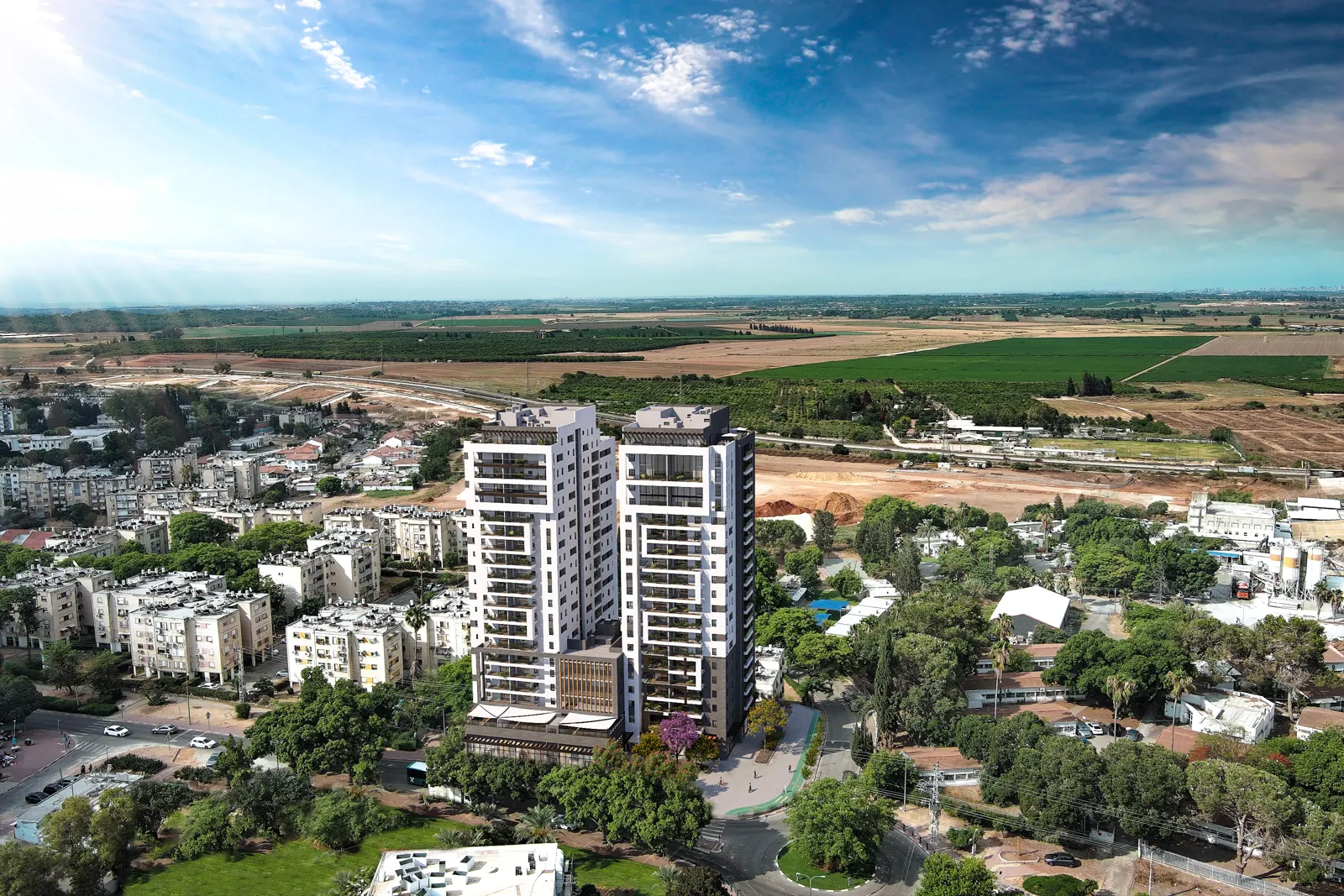 הדמיה אווירית של הפרויקט והשכונה