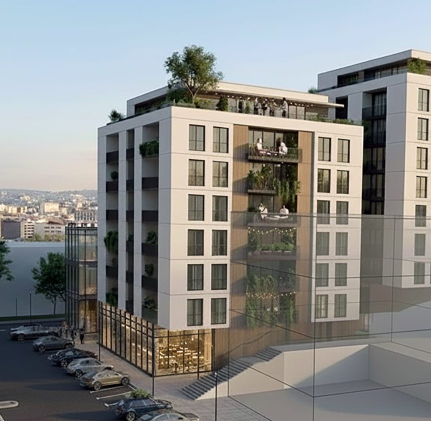 Rendering – Herzl & Avtalyon compound, Ramat Gan: the new residential buildings seen from Herzl St.