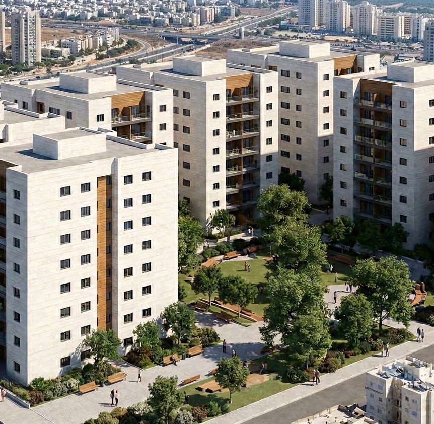 Aerial rendering – urban renewal project, 36-40 Sderot Eliyahu, Mazkeret Batya