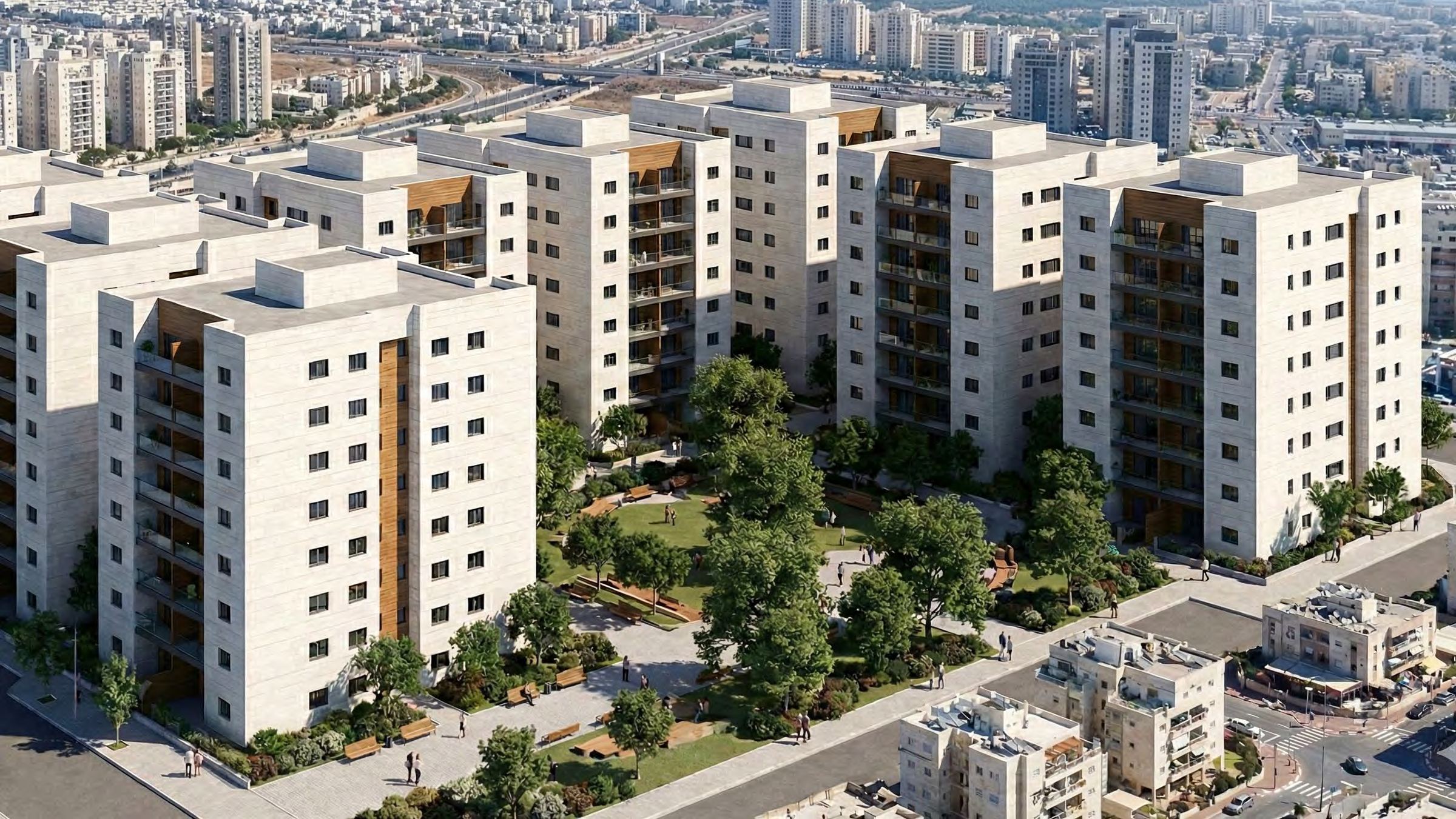 Aerial rendering – urban renewal project, 36-40 Sderot Eliyahu, Mazkeret Batya